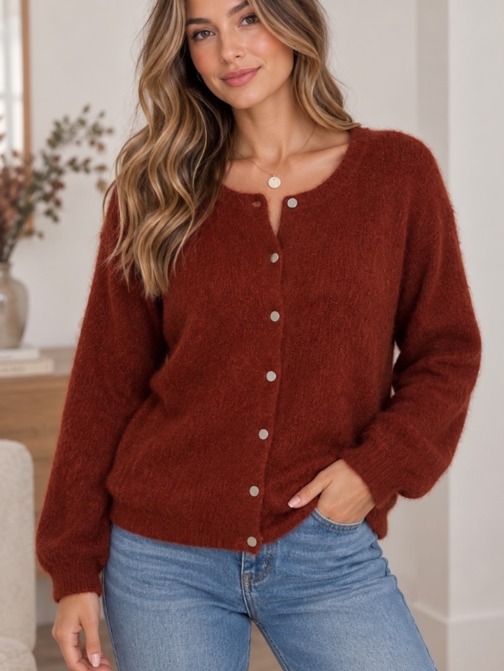 Simons Button Up Cardigan Womens Size Large Burnt Umber Mohair Alpaca Blend